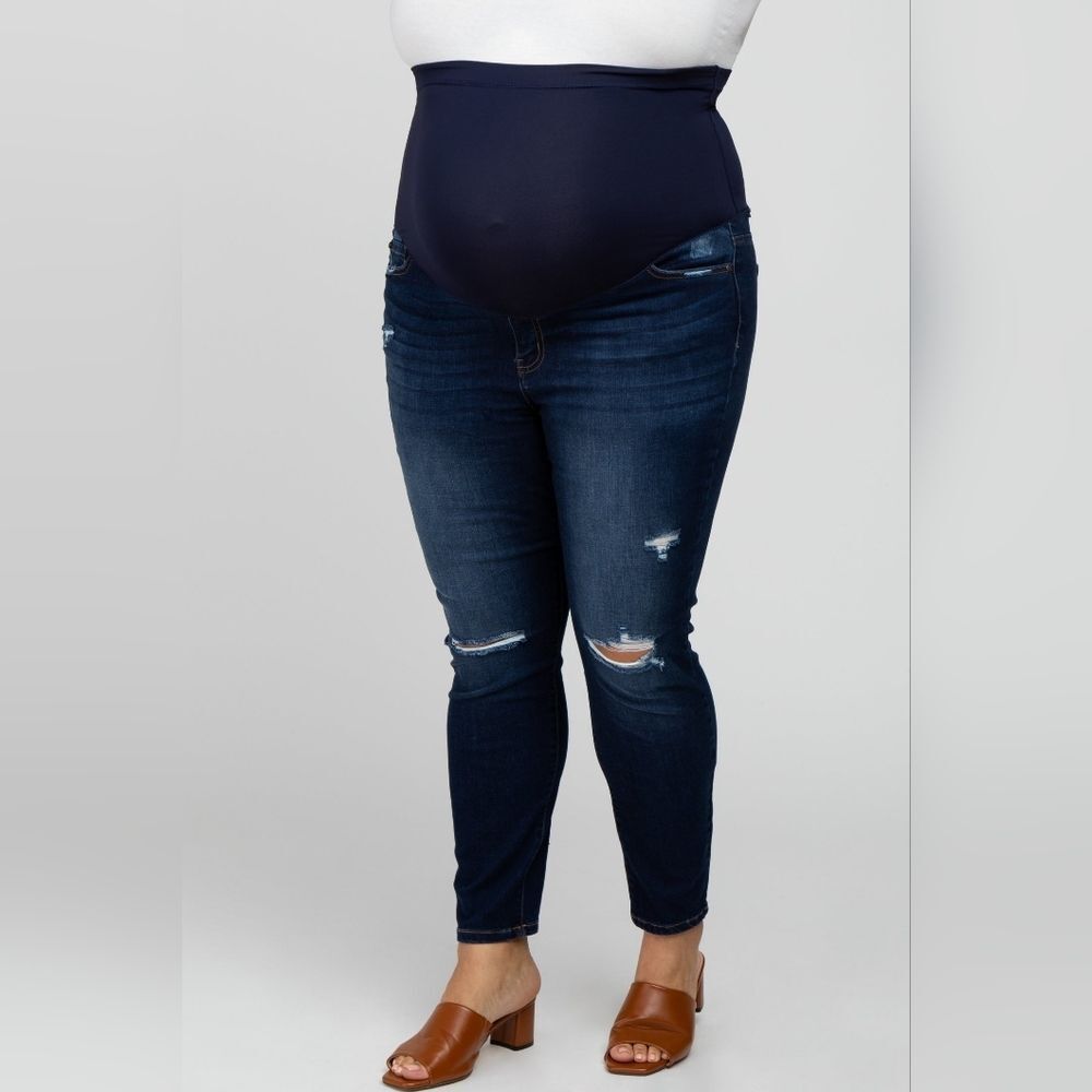 Pinkblush Womens Navy Blue Distressed Maternity Plus Size Jeans 1X